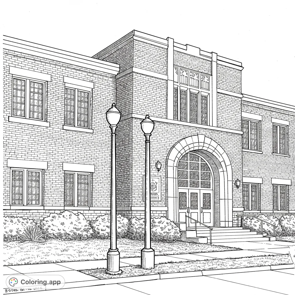 Color a classic brick building with an arched entrance, ornate lamps, and lush landscaping. A detailed architectural scene for all ages.