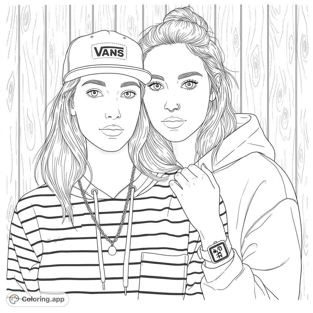 Two stylish young women, one in a baseball cap and striped hoodie, the other with a bun and nose ring, against a textured wooden wall.