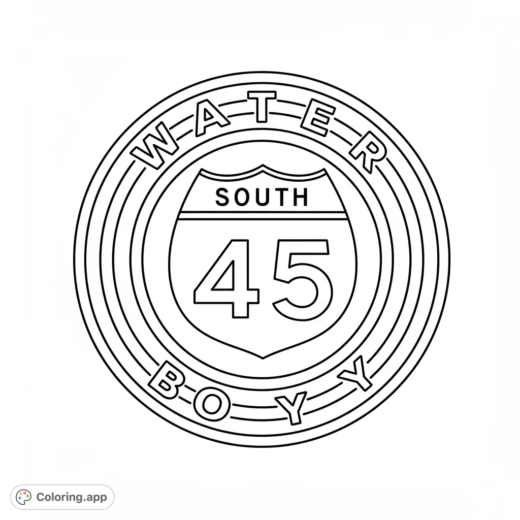 A unique circular emblem featuring a shield-shaped road sign with 'SOUTH 45' and 'WATER-BOY' text, perfect for a free printable coloring page.
