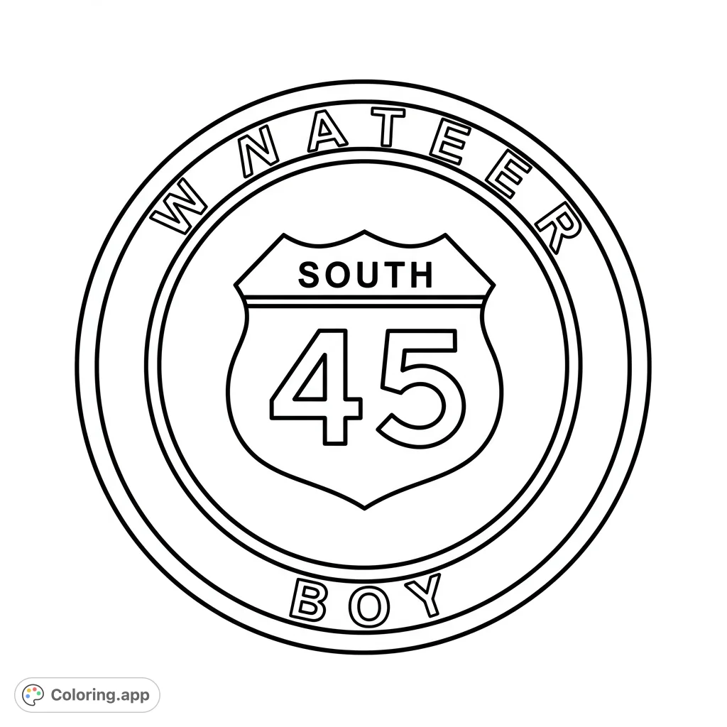 Color a classic road sign emblem, featuring a shield shape within a circular border. Perfect for travel themes and simple fun.