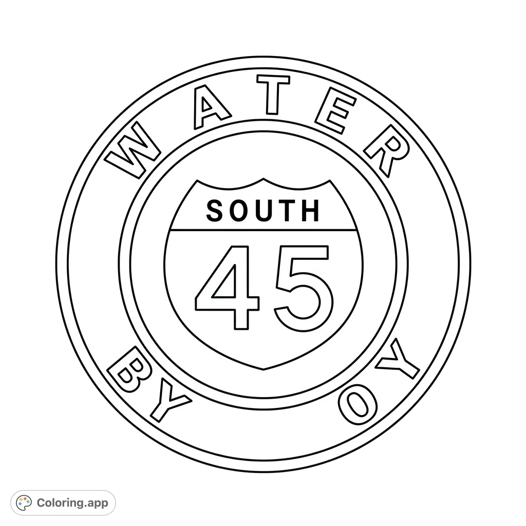 A unique circular emblem coloring page featuring a shield-shaped road sign with "SOUTH 45" and "WATER BY OY" text, perfect for all ages.