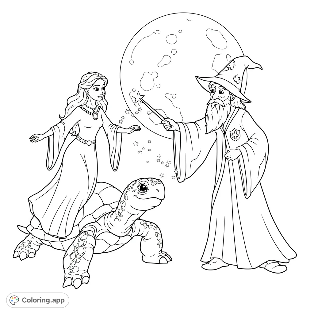 A magical fantasy scene featuring a wise wizard, graceful princess, and friendly turtle under a full moon. A free printable fantasy coloring page for kids and adults.