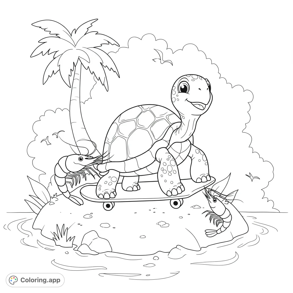 A cheerful turtle on a skateboard, flanked by two shrimp, on a small island with a palm tree. A fun beach animal scene for coloring.