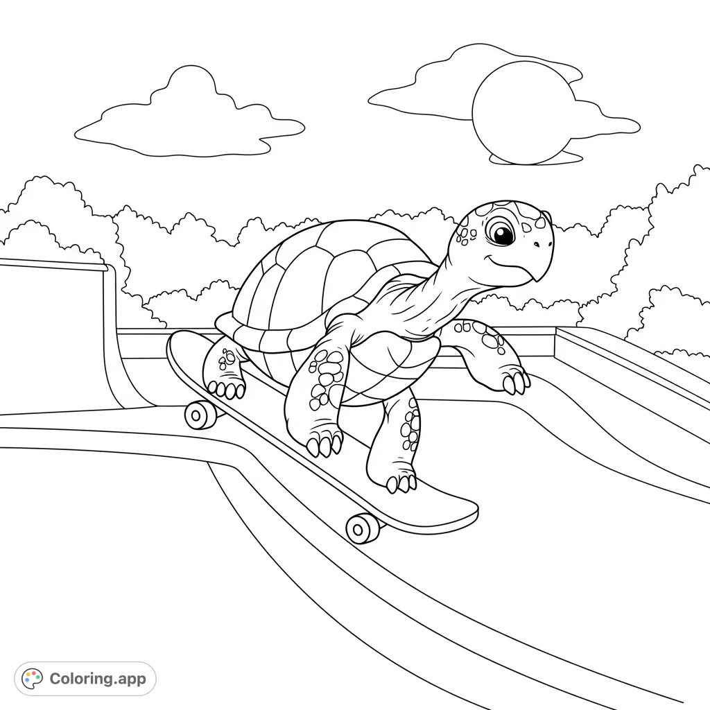 An adventurous turtle masters the skateboard on a dynamic ramp. This fun, free printable skateboarding turtle coloring page offers a unique blend of speed and charm for all ages.