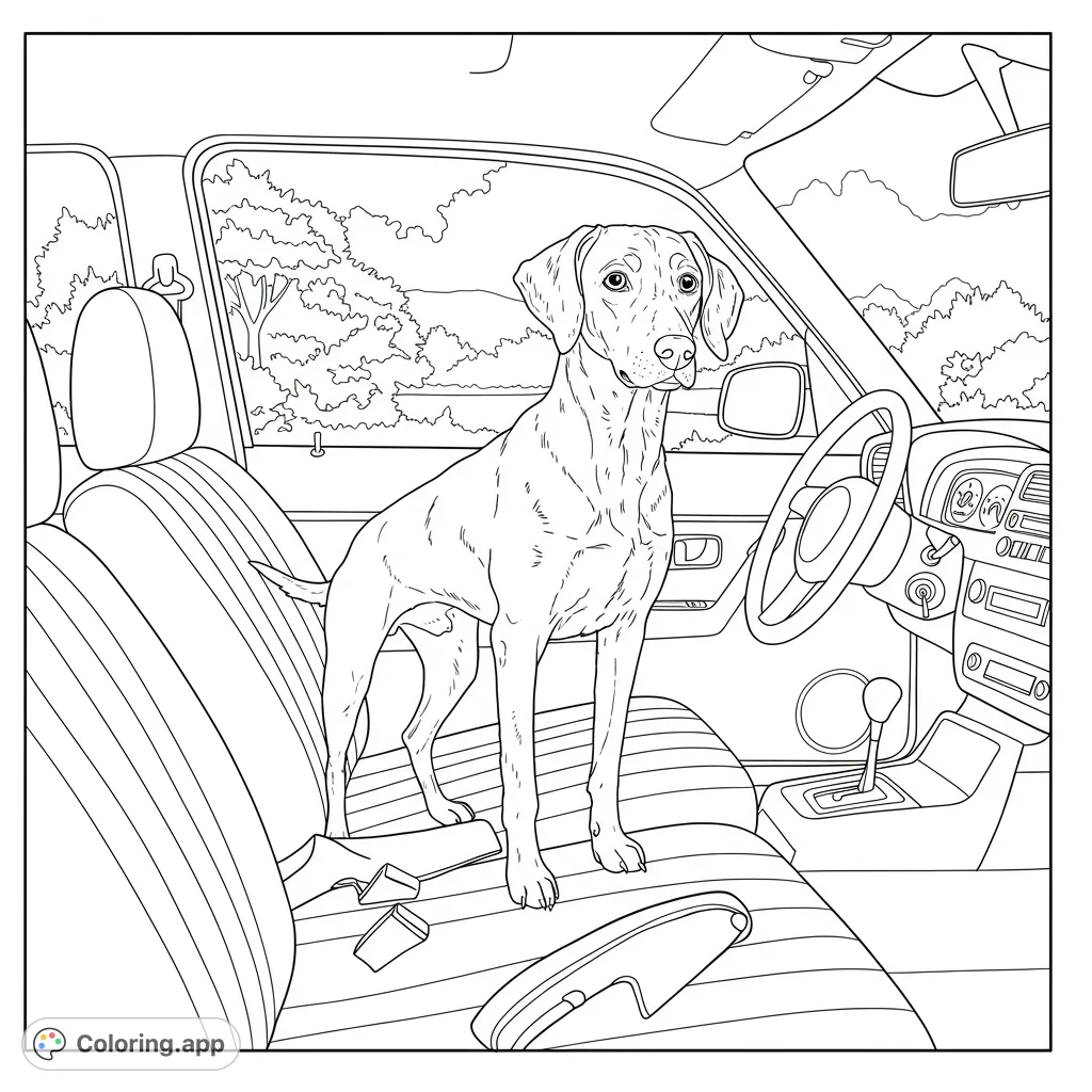 An adorable dog stands on the car's passenger seat, ready for adventure. A free printable dog coloring page for kids and adults.