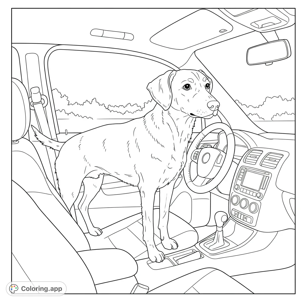 A playful dog stands in the driver's seat of a car, ready for adventure. A fun, free printable dog coloring page for kids and adults.