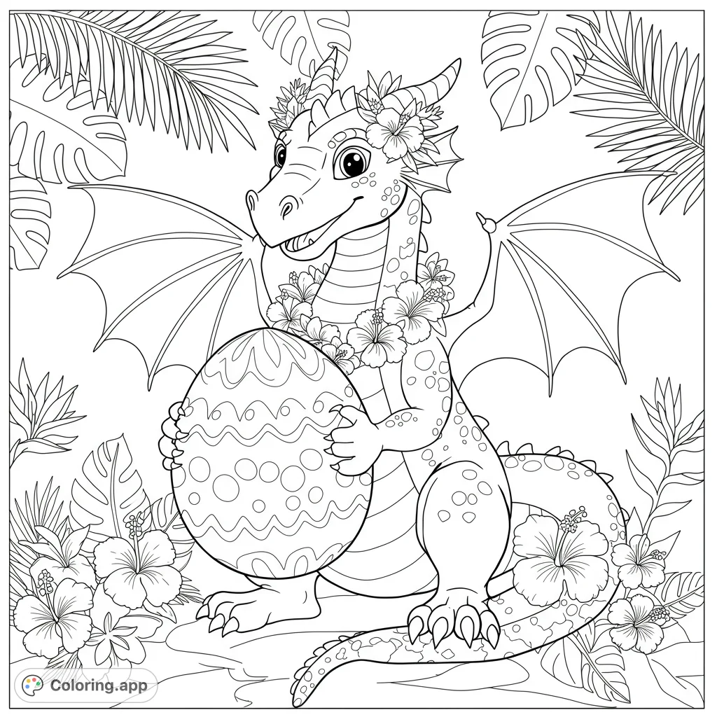 A charming dragon adorned with flowers holds a patterned egg amidst lush tropical foliage, perfect for a delightful coloring adventure.