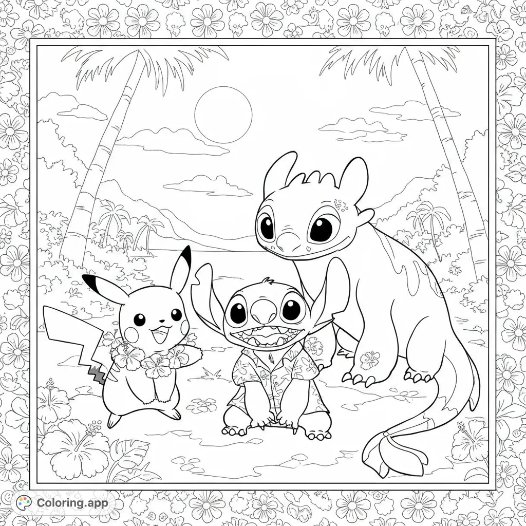 Pikachu, Stitch, and Toothless enjoy a tropical beach day with palm trees and flowers. A fun, free printable crossover coloring page for all ages.