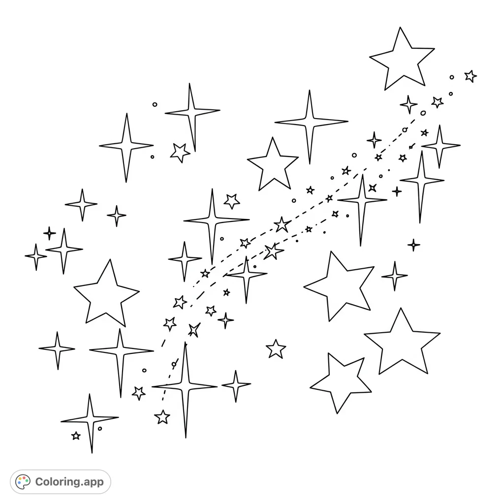 A dazzling celestial stars coloring page featuring a dynamic burst of various stars and sparkling trails, perfect for adding vibrant cosmic colors.