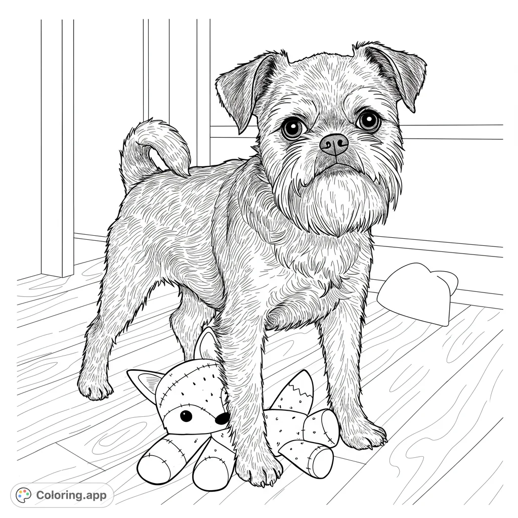 Adorable scruffy terrier dog with a plush toy, perfect for a free printable dog coloring page. A cute animal coloring page for kids and adults.