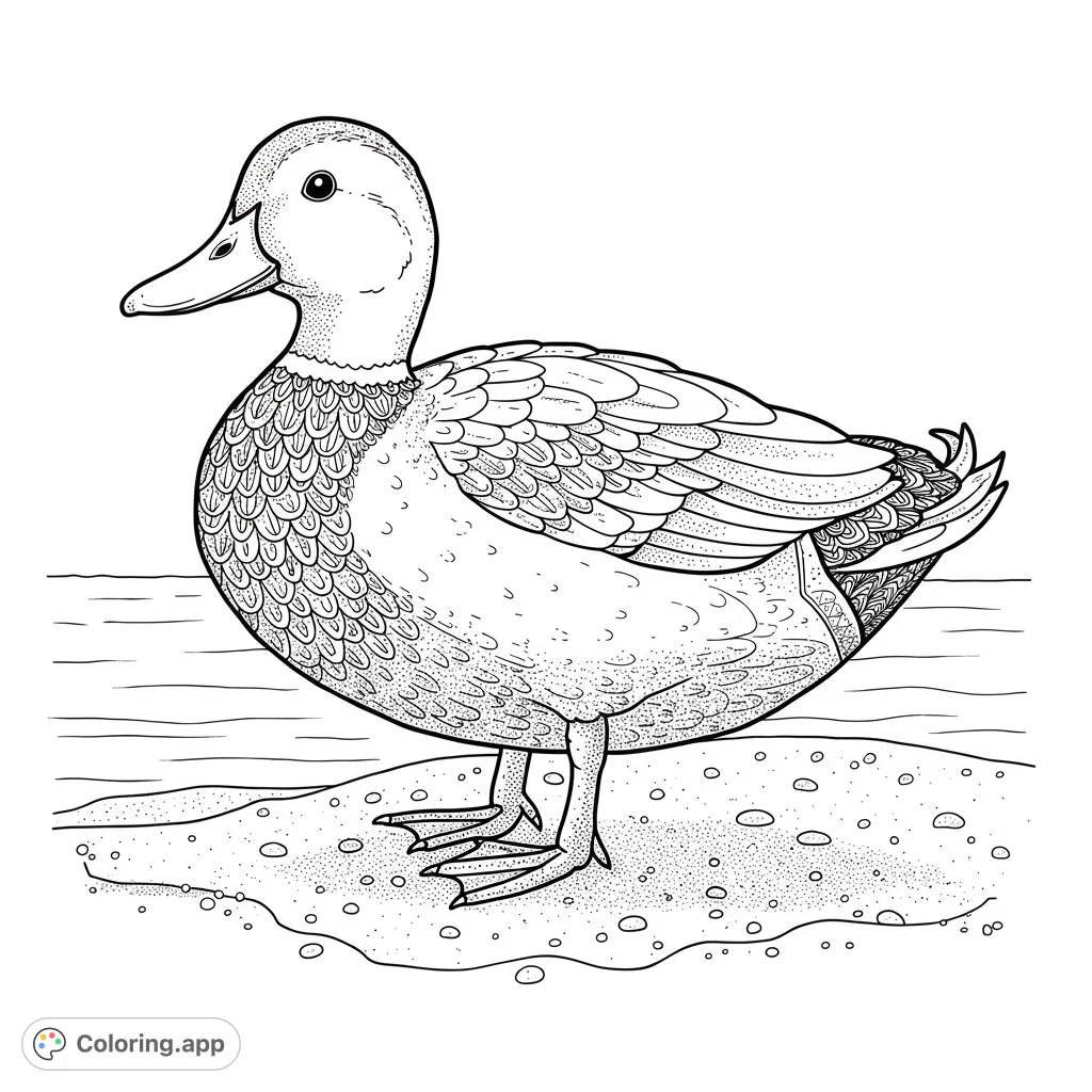 A detailed duck coloring page featuring a graceful duck standing on a textured shore with water in the background. Perfect for nature lovers.