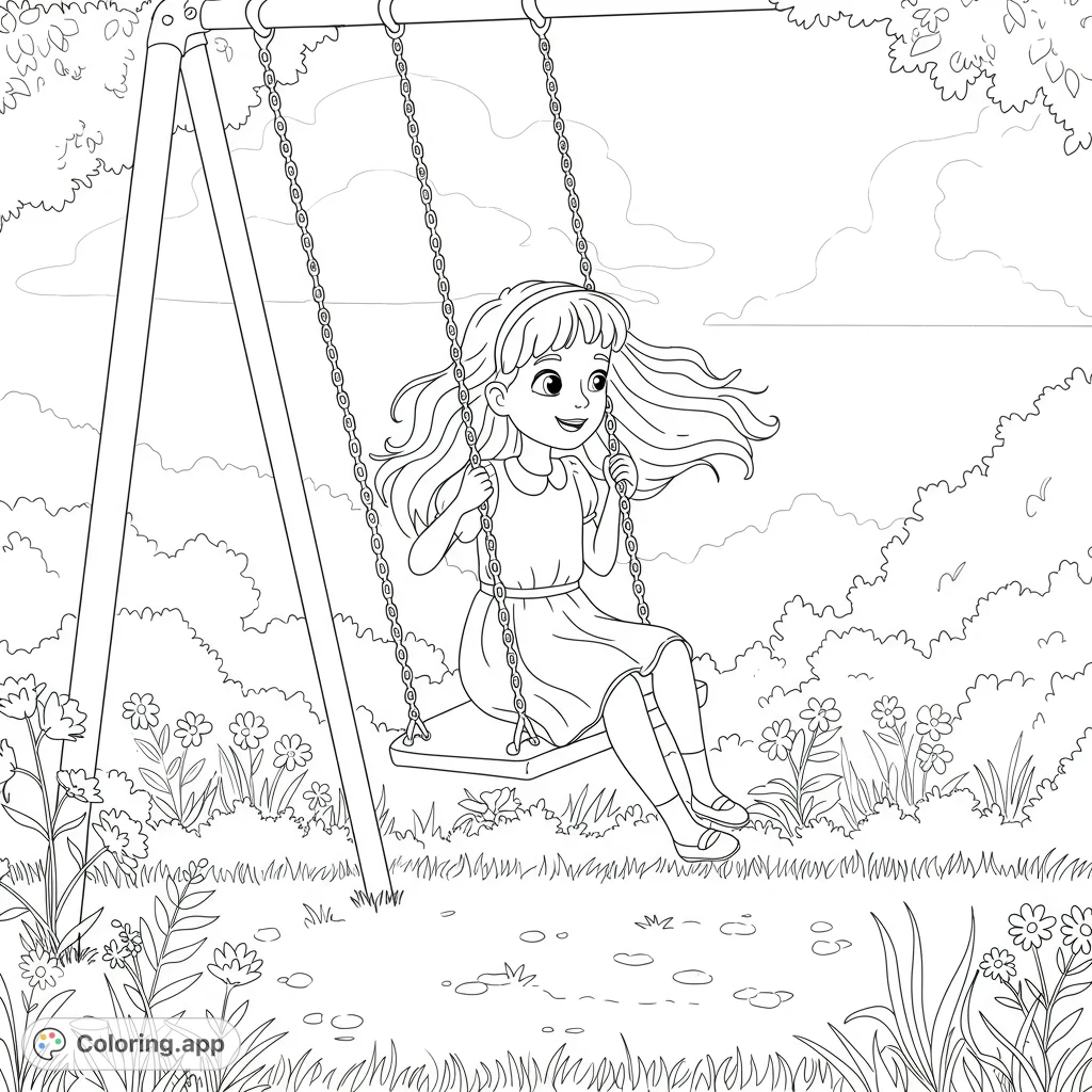 A happy girl on a swing, hair flowing, surrounded by flowers and nature. A delightful free printable coloring page for kids.