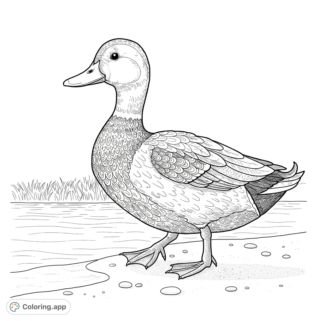 A detailed duck stands by a pond with grass and pebbles. A free printable duck coloring page, perfect for kids and adults.