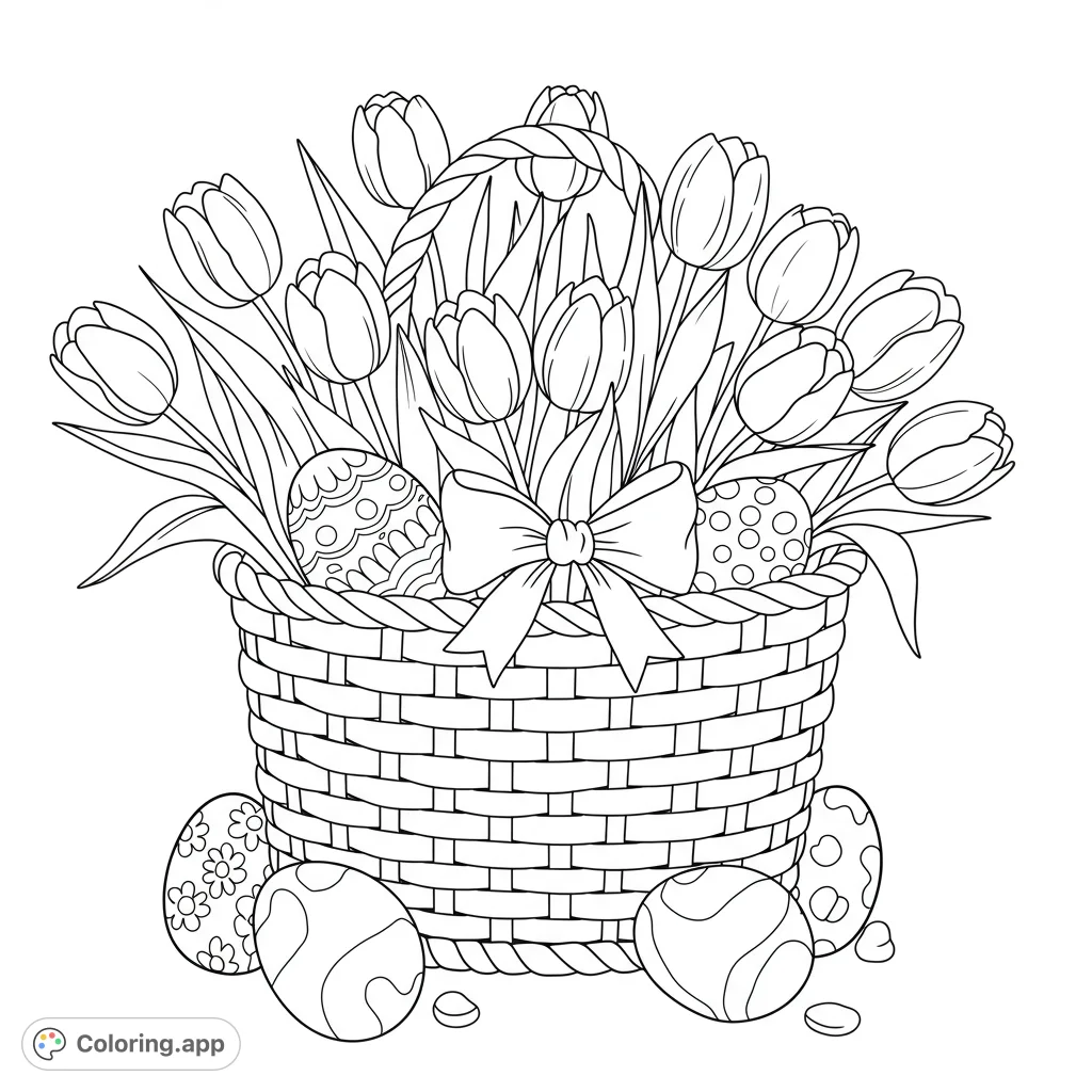 A charming Easter basket brimming with beautiful tulips and intricately patterned eggs. A delightful spring scene for a free printable coloring page.