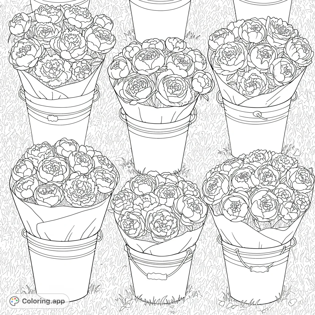 Beautiful peony bouquets in rustic buckets, set against a grassy backdrop. A delightful floral coloring page for all ages, perfect for spring and garden lovers.