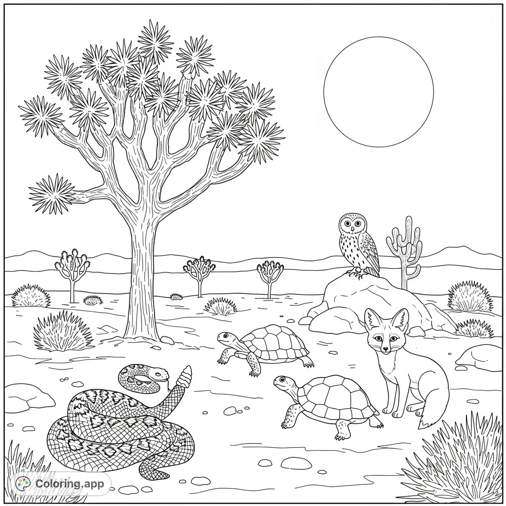 Explore a desert oasis with a Joshua tree, rattlesnake, tortoises, fennec fox, and owl. A free printable desert animals coloring page.