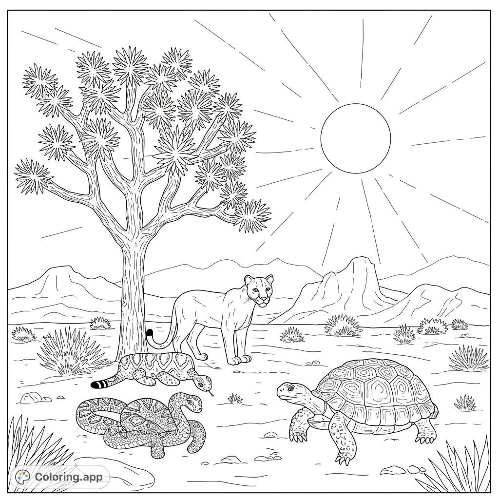 Explore a desert oasis with a majestic Joshua tree, a mountain lion, two rattlesnakes, and a tortoise under a radiant sun. A free printable desert animals coloring page.