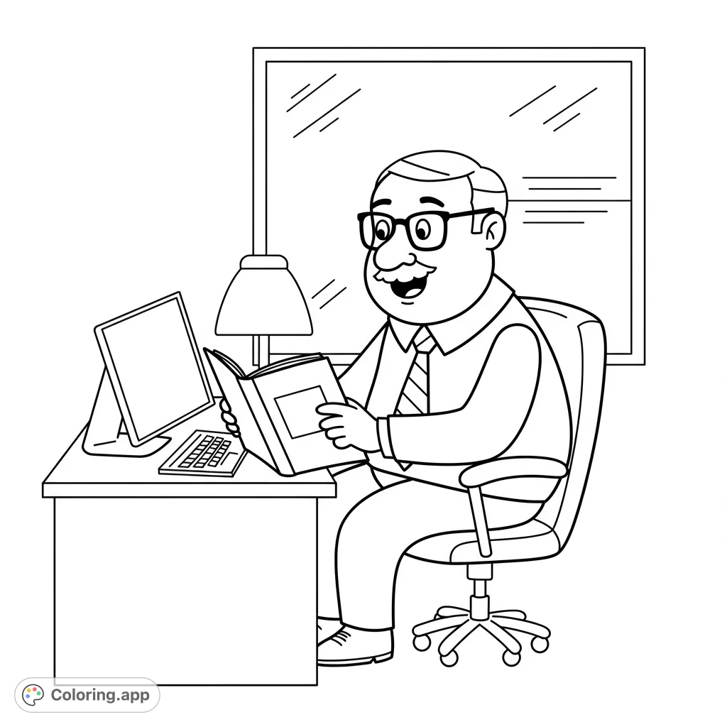 A cheerful man reads a book at his office desk. This free printable office worker coloring page is perfect for kids and adults, a fun learning coloring page.