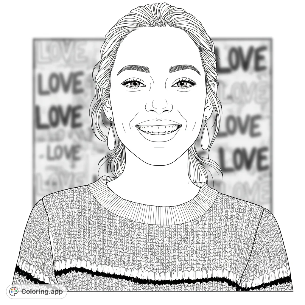 A joyful woman with a wide smile and textured sweater, set against a background of repeating 'LOVE' patterns. A free printable portrait coloring page.