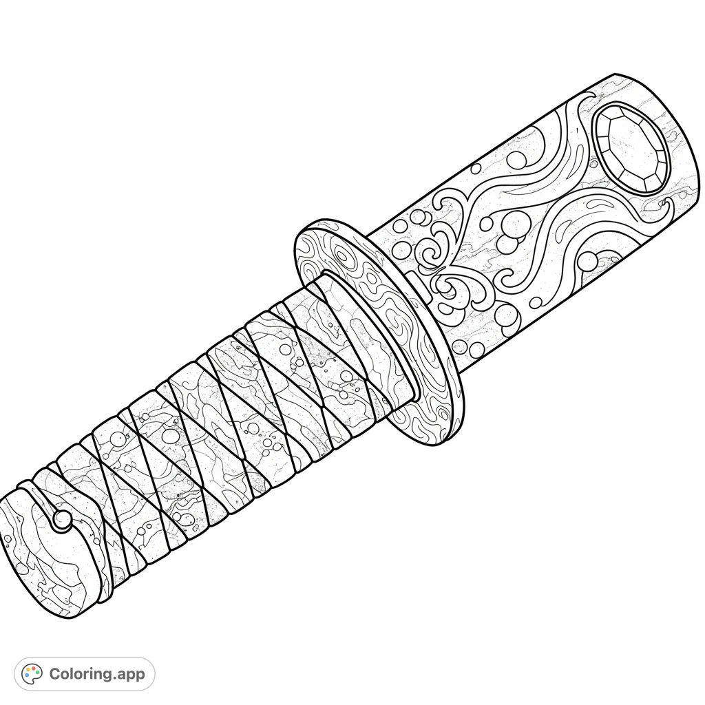 Detailed Japanese sword handle coloring page with intricate patterns and a faceted gem. A free printable design for history and fantasy fans.