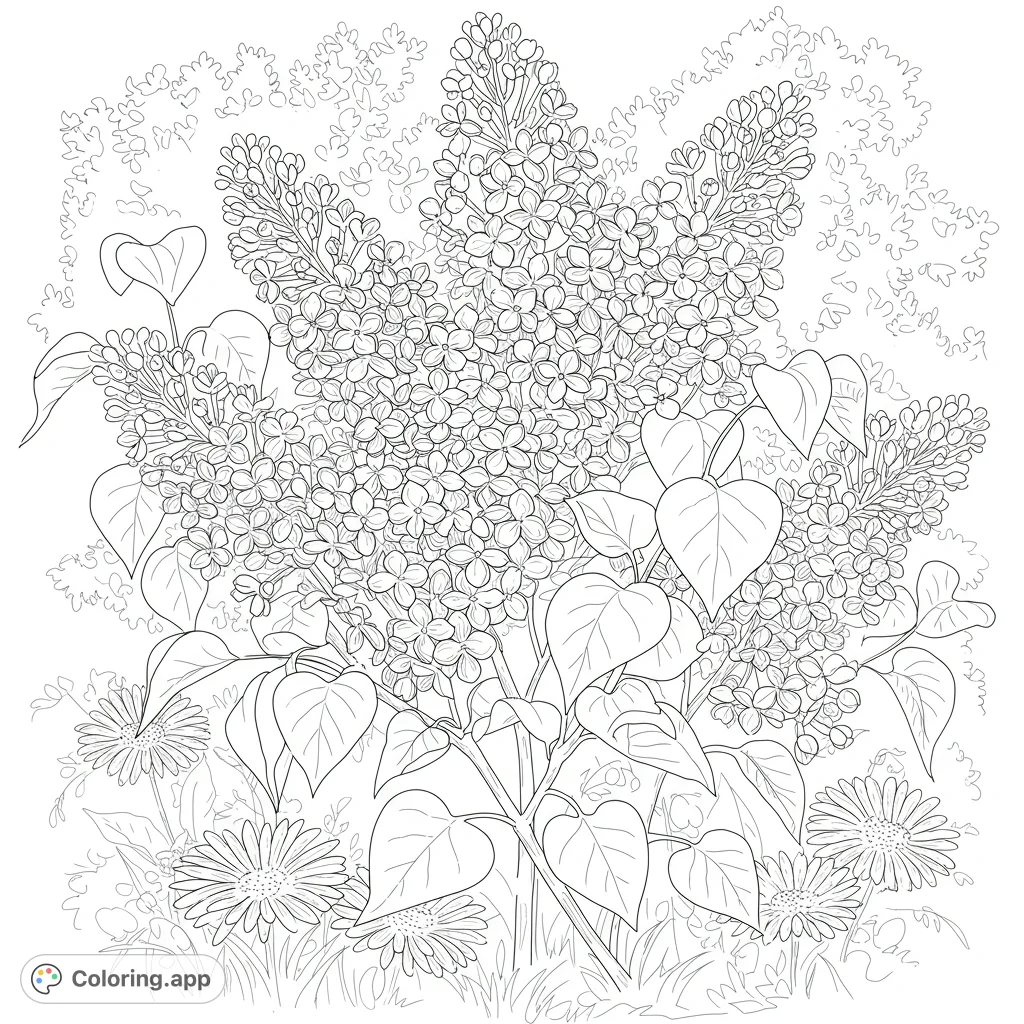 A beautiful lilac bloom coloring page featuring a lush cluster of flowers, detailed leaves, and charming daisy-like blossoms, perfect for nature lovers.