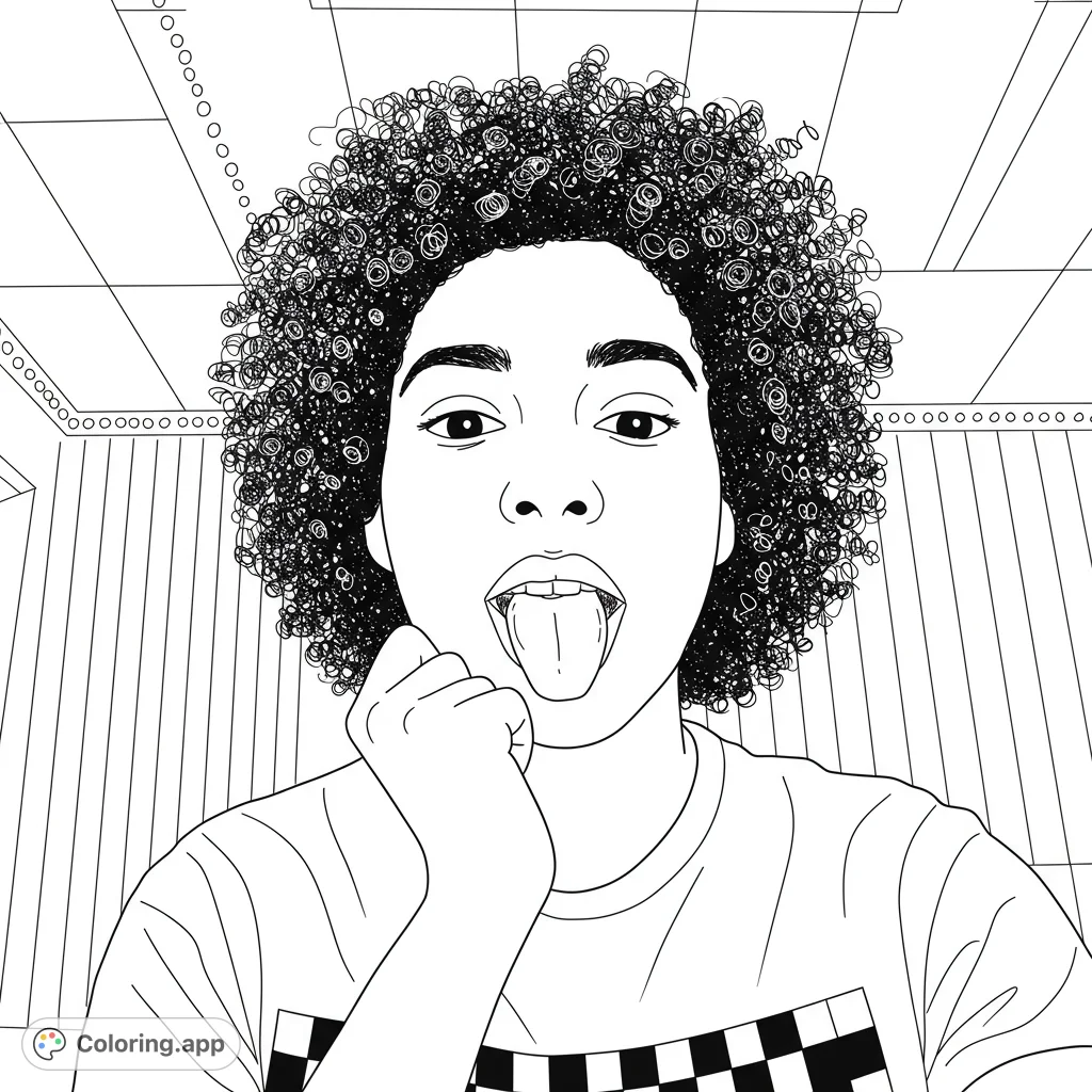 A fun, expressive portrait of a person with voluminous curly hair sticking out their tongue, perfect for a playful coloring page experience.