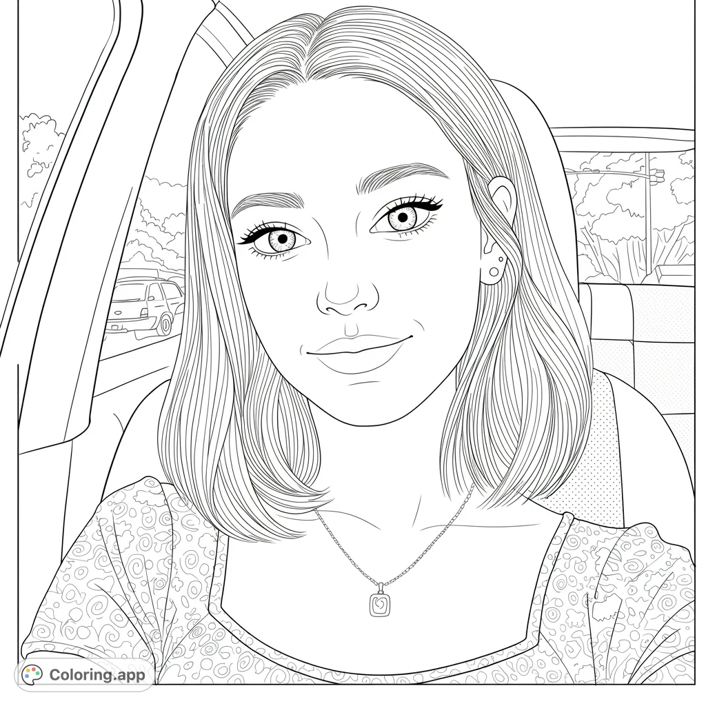 A charming portrait of a young woman with a warm smile, seated in a car, featuring detailed hair, a patterned top, and a glimpse of the outside world.