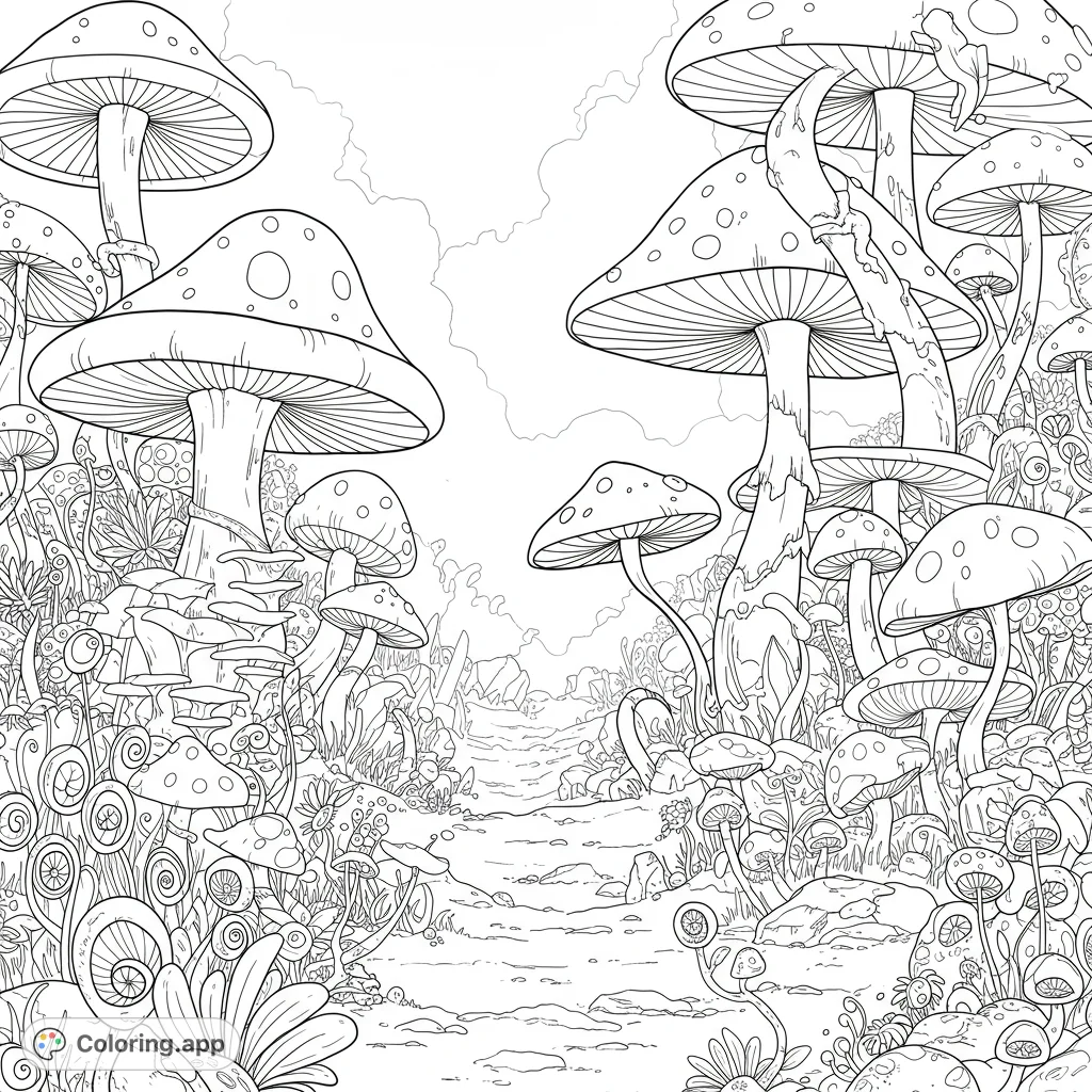 Explore a whimsical mushroom forest path, teeming with diverse fungi and intricate foliage. A magical free printable coloring page for all ages.