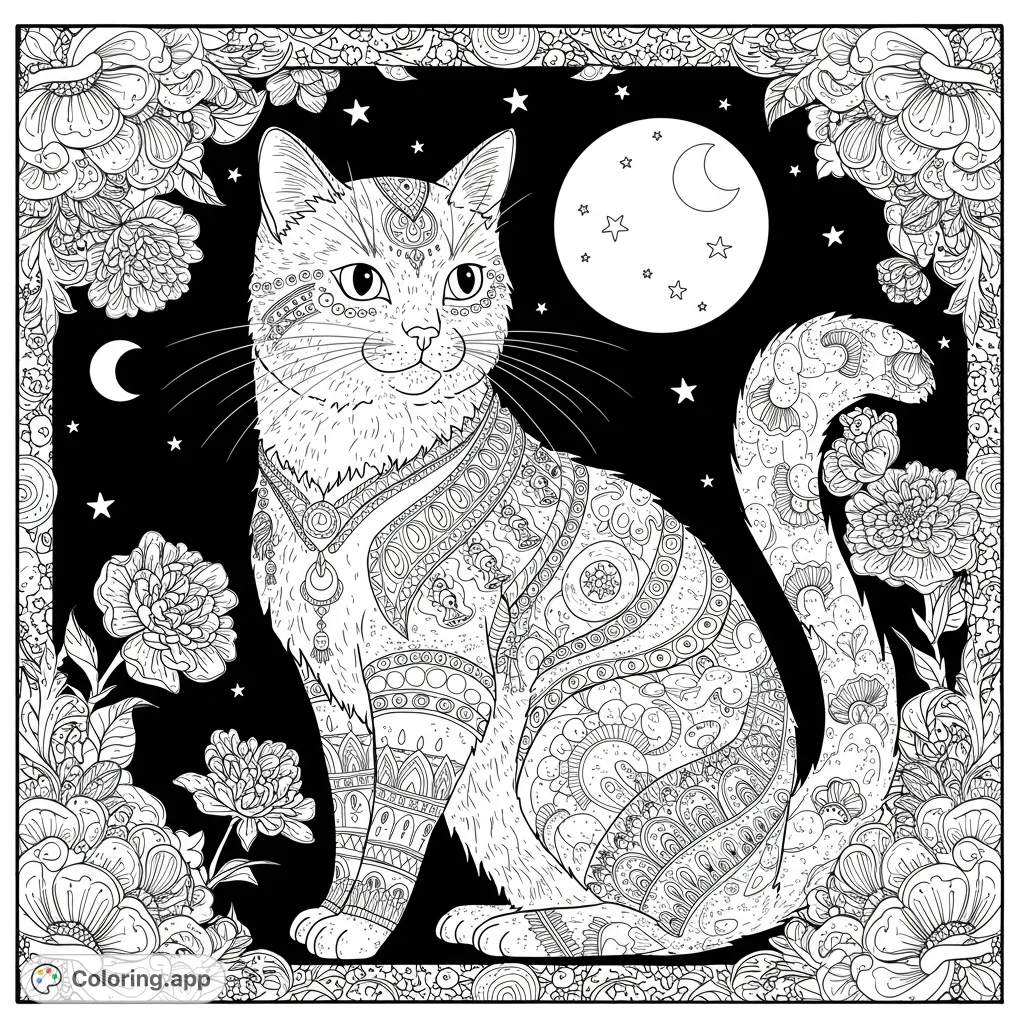 An enchanting mystical cat coloring page featuring an intricately patterned feline under a starry night sky, framed by lush, detailed flowers.