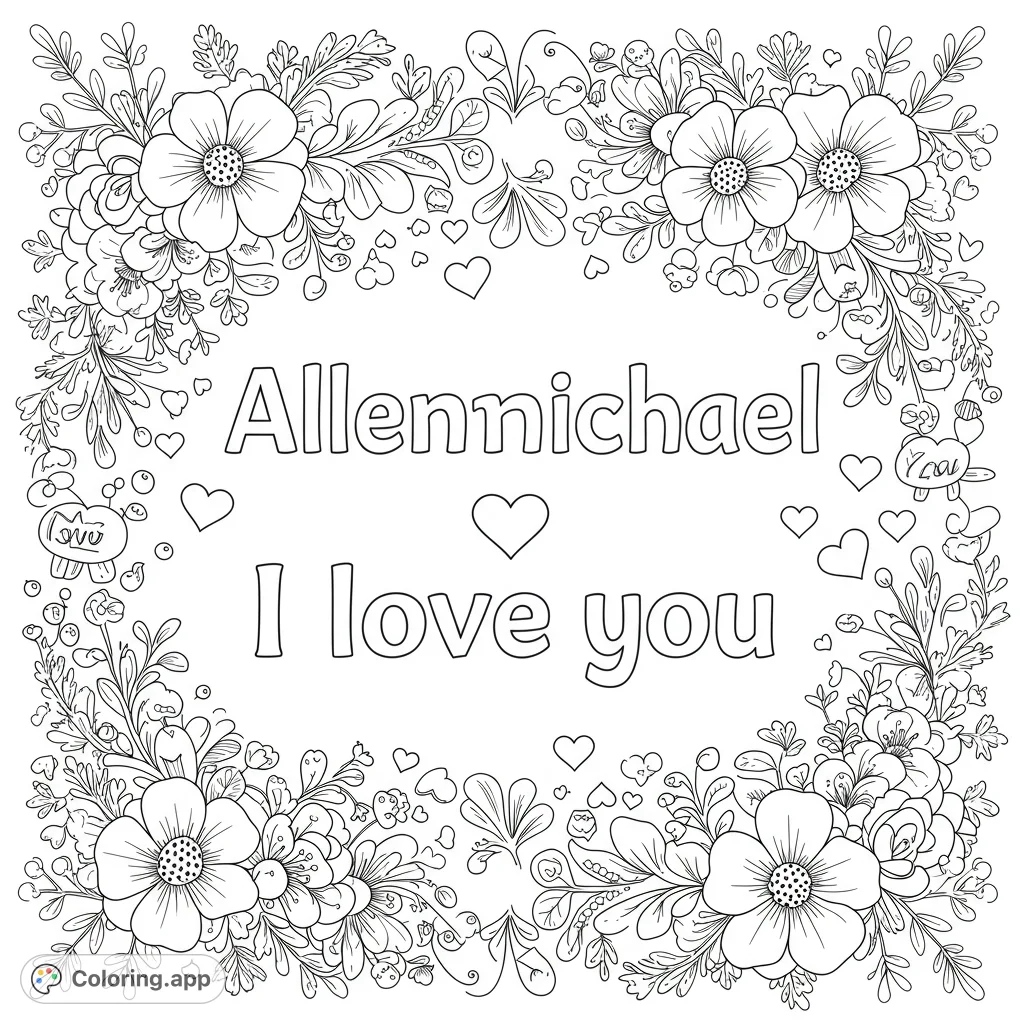 Intricate floral border with scattered hearts, perfect for personalized messages. A beautiful free printable coloring page for all ages.