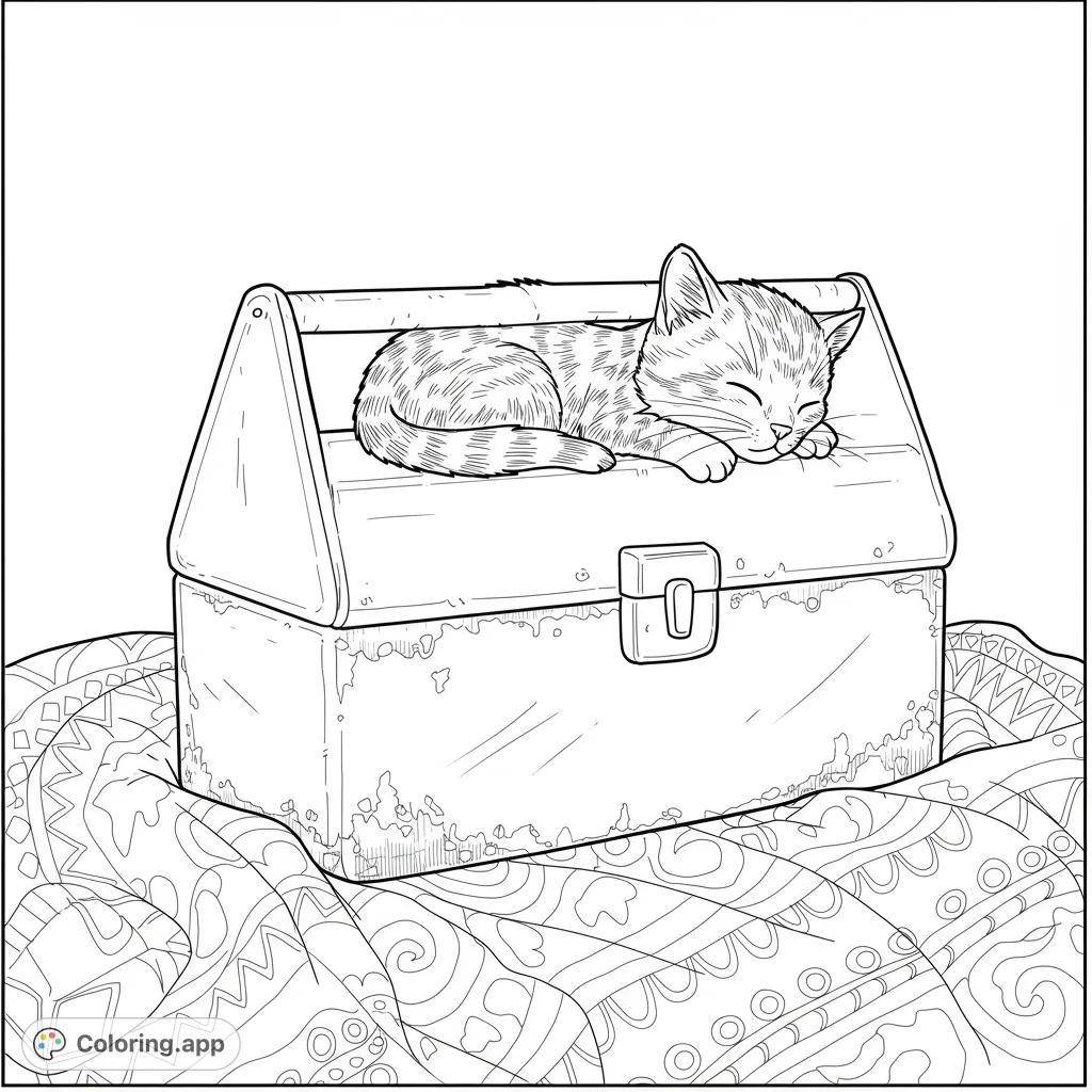 A sweet kitten naps peacefully on a vintage toolbox, resting on a patterned blanket. A charming free printable kitten coloring page for all ages.