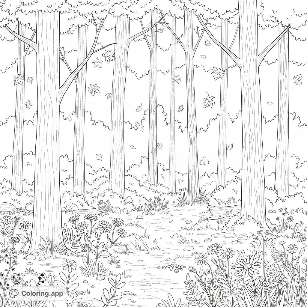 A serene woodland path with tall trees, falling autumn leaves, and blooming wildflowers. A beautiful nature scene, perfect for a free printable coloring page.