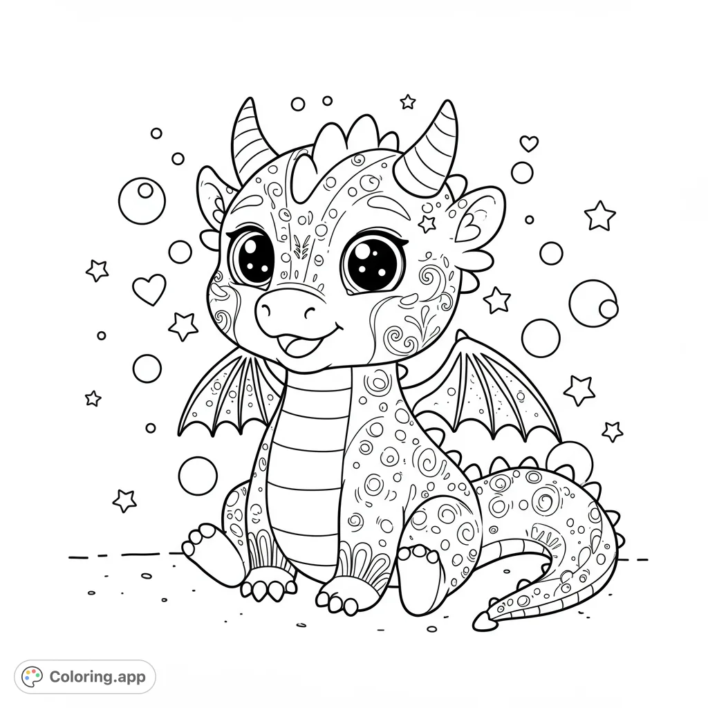 Discover an adorable baby dragon coloring page, featuring intricate patterns and playful background elements. A free printable fantasy adventure for all ages!
