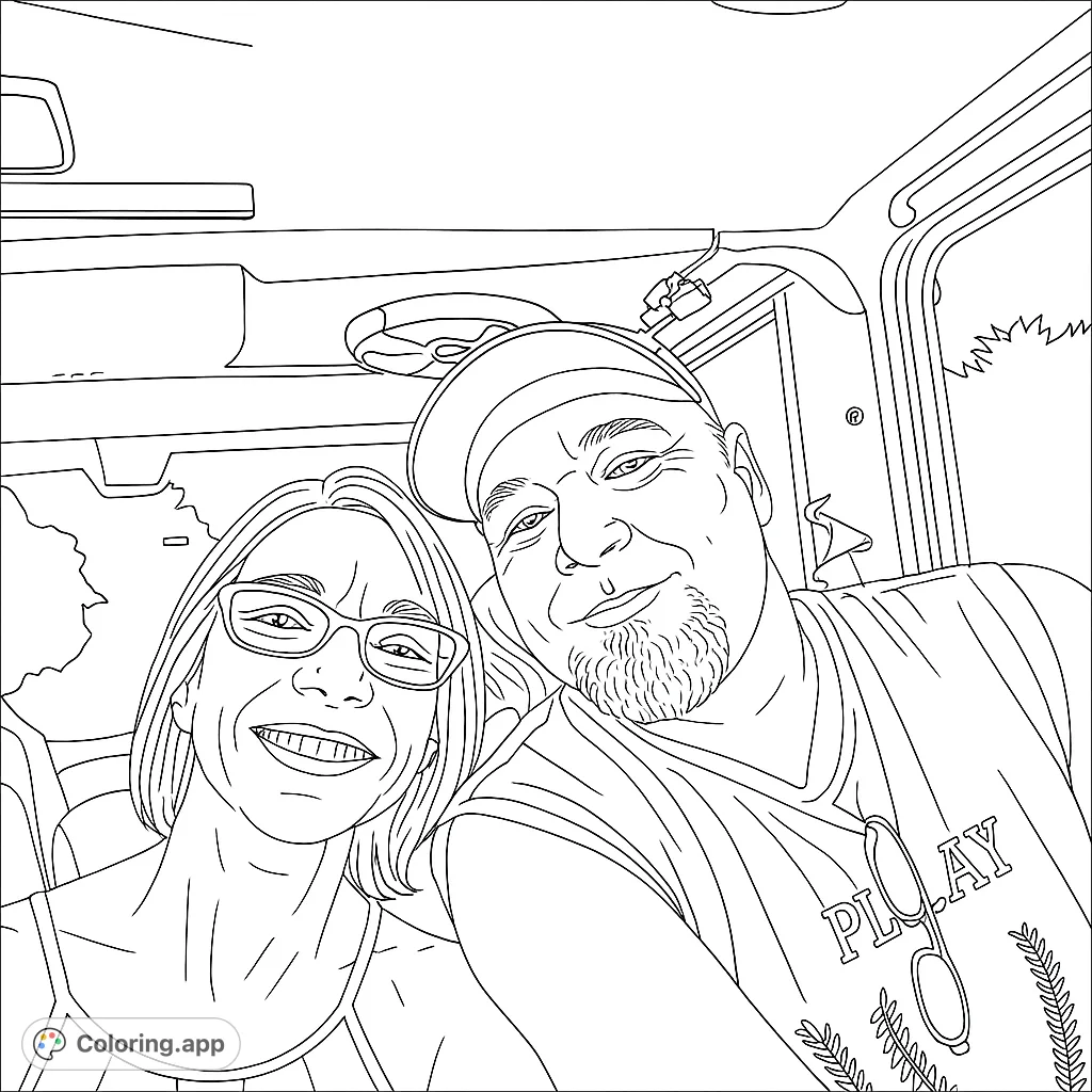 A heartwarming couple selfie inside a vehicle, featuring two smiling faces ready for vibrant colors. Perfect for personalizing a special moment.