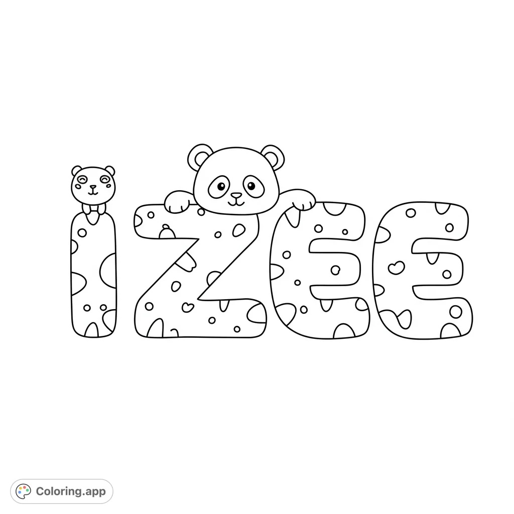 Adorable panda characters interact with playful bubble letters spelling 'IZEE'. A fun, free printable alphabet coloring page for kids and adults.