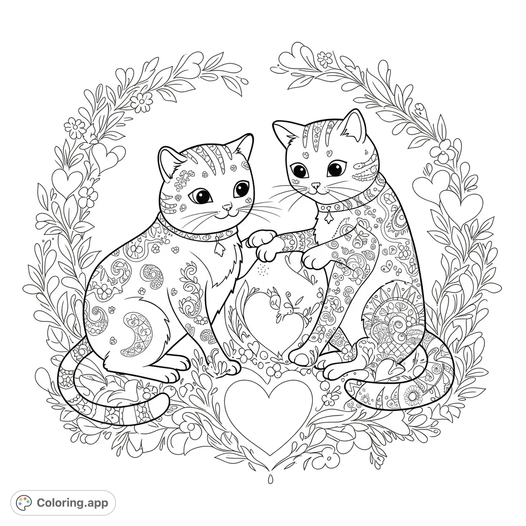 Two adorable cats with intricate patterns, framed by a beautiful floral heart wreath. A charming and detailed cat coloring page for all ages.