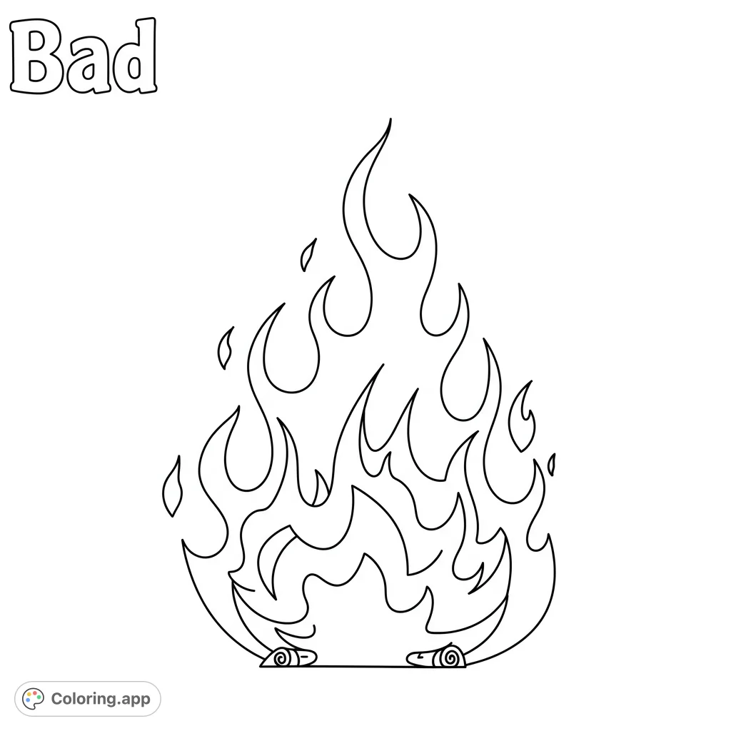 A vibrant fire coloring page featuring dynamic, swirling flames rising from a small base, perfect for a free printable coloring page.