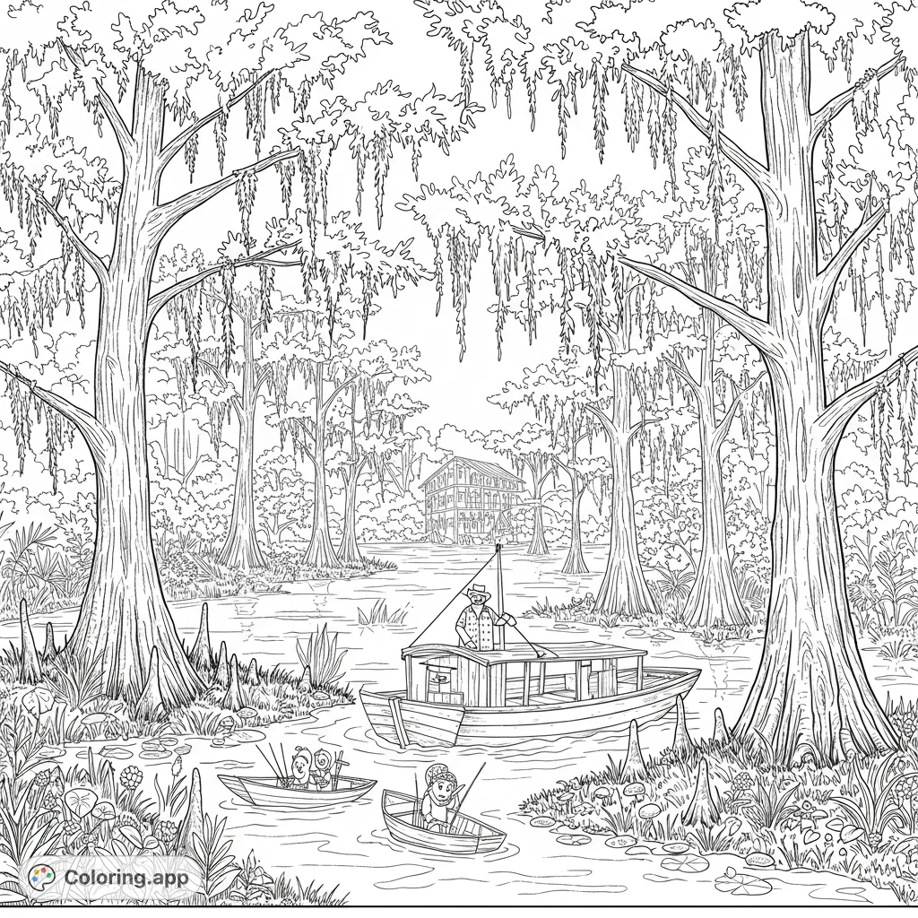 Explore a detailed bayou scene with cypress trees, Spanish moss, and boats. A captivating swamp coloring page for all ages, perfect for nature lovers.