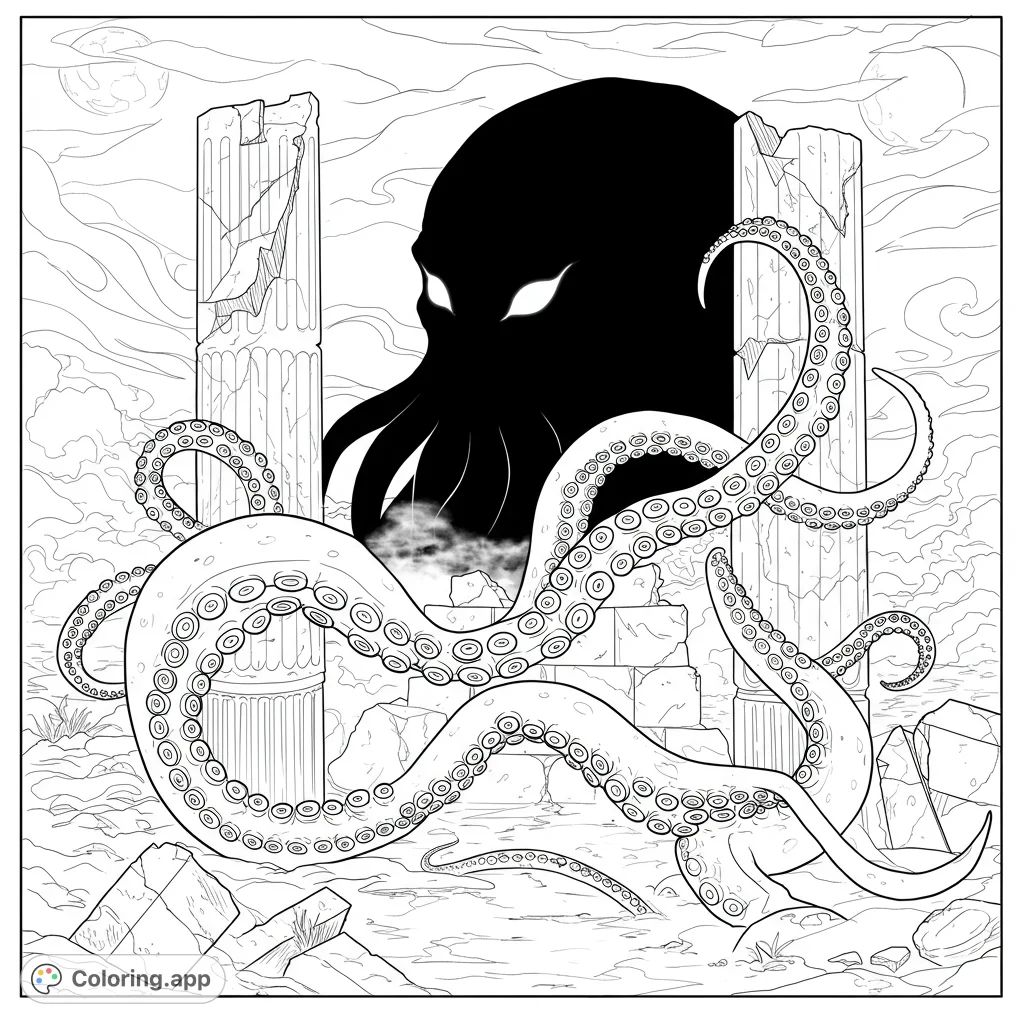 A colossal, shadowy kraken with glowing eyes and massive tentacles emerges from ancient ruins. A thrilling mythological creature coloring page for all ages.