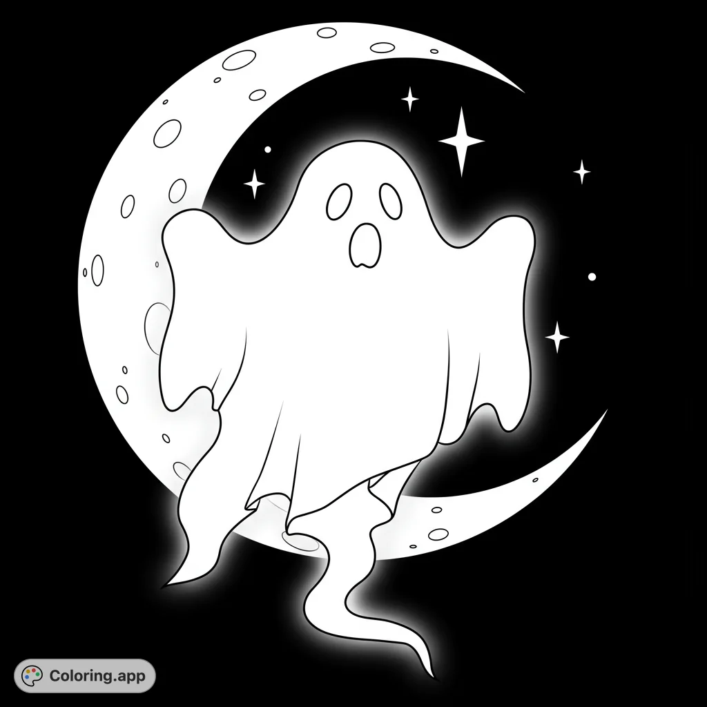 A friendly ghost floats playfully before a crescent moon, surrounded by twinkling stars. Perfect for a spooky yet cute Halloween coloring page adventure!