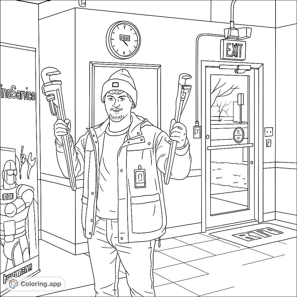 A friendly tradesman holding two large wrenches, ready for action. Perfect for celebrating essential workers and skilled professions.