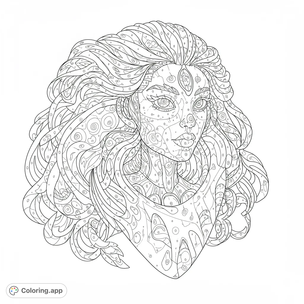 An intricate patterned goddess portrait, a free printable coloring page for adults. Explore detailed designs and bring this mystical beauty to life.