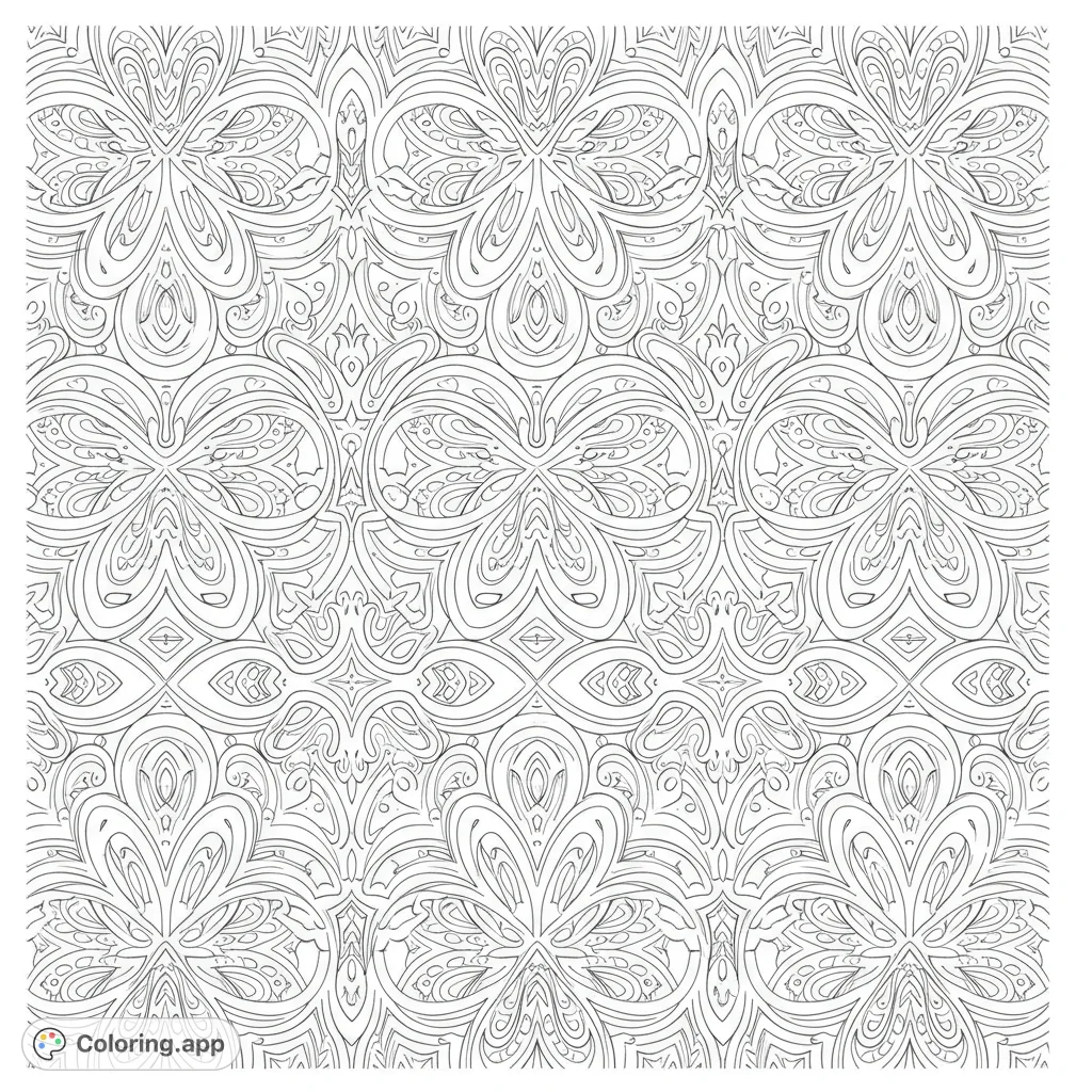 An intricate symmetrical abstract pattern coloring page, perfect for mindfulness. Features repeating floral and paisley-like motifs with detailed swirling lines for a relaxing creative escape.