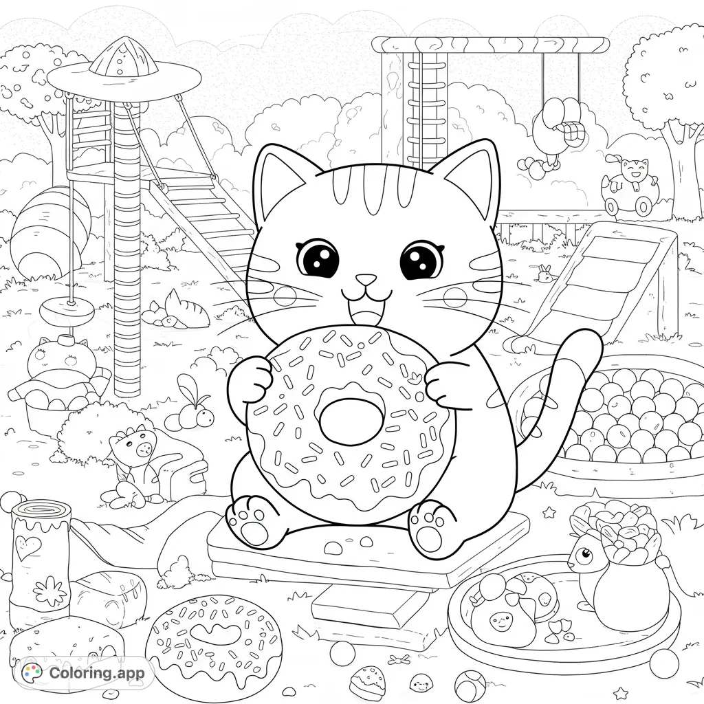 A delightful free printable coloring page featuring a happy cat with a donut in a whimsical playground, surrounded by sweets and fun toys. Perfect for kids!