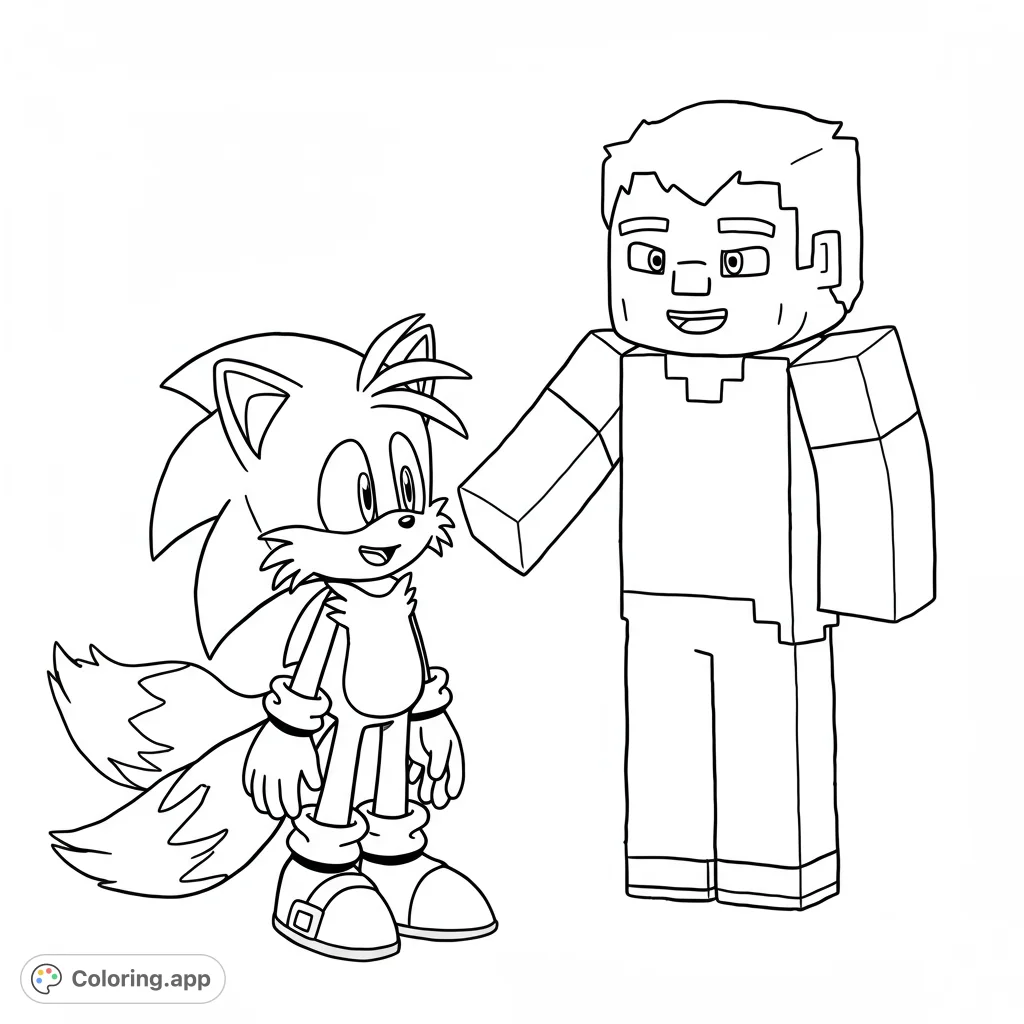An exciting crossover coloring page featuring Tails from Sonic and Steve from Minecraft, ready for adventure. A free printable coloring page for fans!