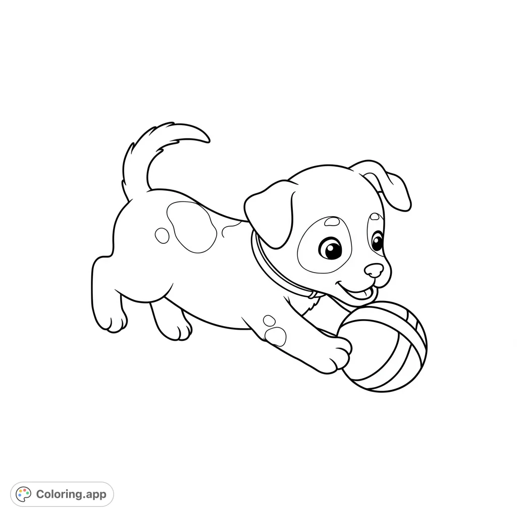 An adorable puppy pouncing on a striped ball, perfect for a fun and engaging coloring activity. Free printable puppy coloring page for kids and adults.