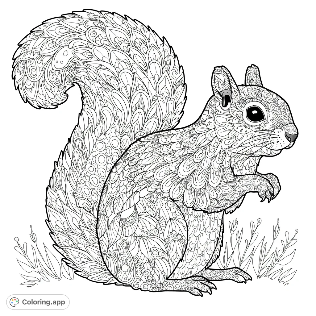 An intricate squirrel coloring page featuring a detailed squirrel adorned with complex mandala patterns, perfect for mindful coloring and creative expression.