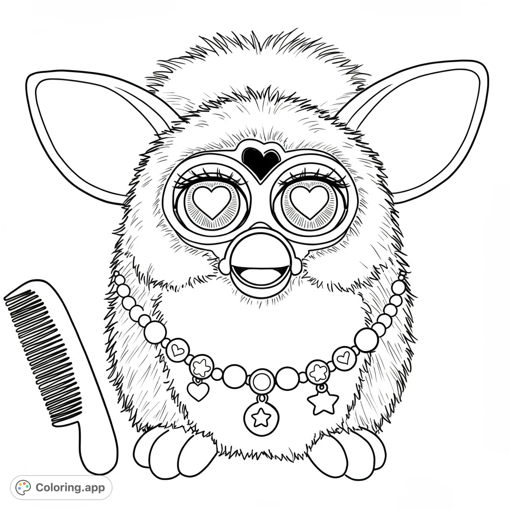 A charming, fluffy creature with heart-eyed glasses and a beaded necklace, ready for vibrant colors. A free printable coloring page for all ages.