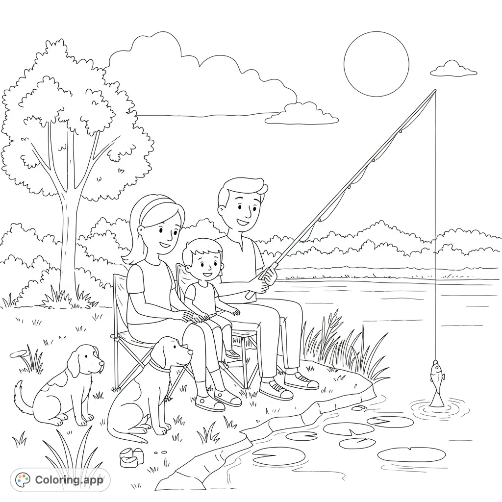 A heartwarming family fishing day by the lake, featuring parents, child, and two dogs, with a fish caught on the line. Perfect for a relaxing coloring experience.