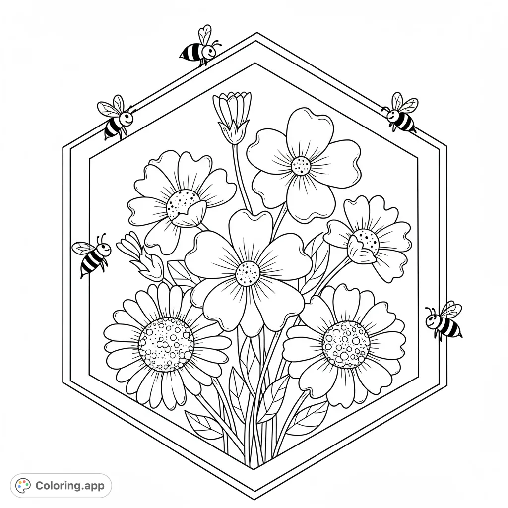 A charming hexagonal floral bee garden coloring page featuring a bouquet of diverse flowers and playful bees, perfect for nature lovers.